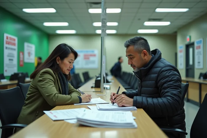 Deux expatriés remplissant des formulaires d'immatriculation consulaire au guichet d'un consulat
