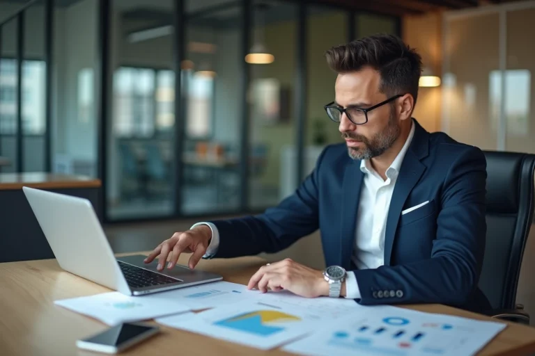 Expert-comptable masculin en costume marine analysant des documents financiers et des graphiques sur ordinateur portable dans un bureau moderne