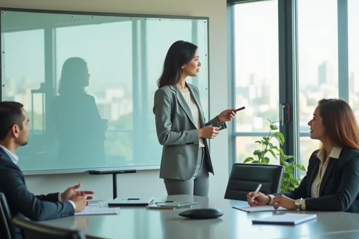 Experte-comptable présentant des projections financières à une équipe lors d'une réunion dans une salle de conférence moderne avec vue urbaine