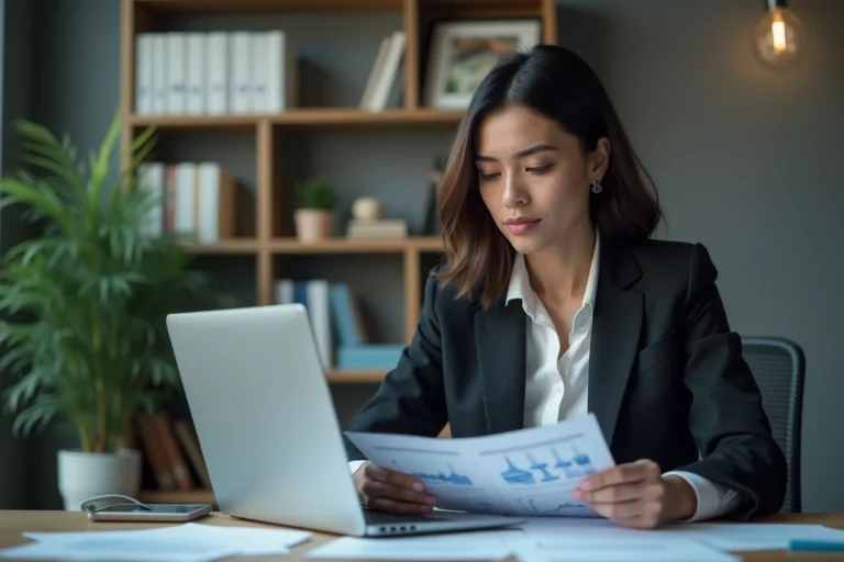 Femme d'affaires lisant des papiers scientifiques dans un bureau
