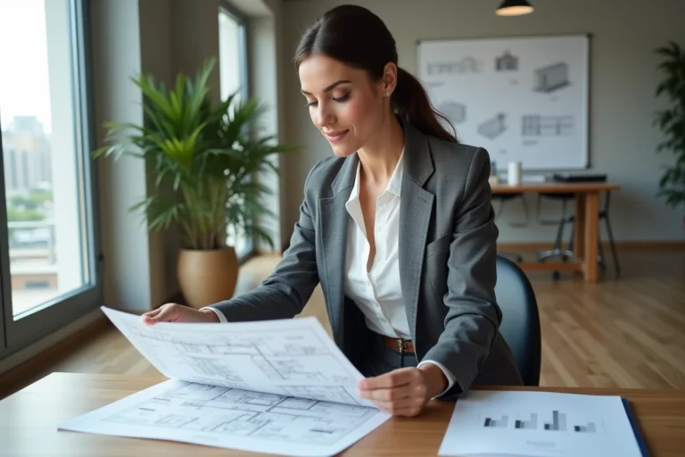 Femme d'affaires examinant des plans architecturaux dans un bureau moderne