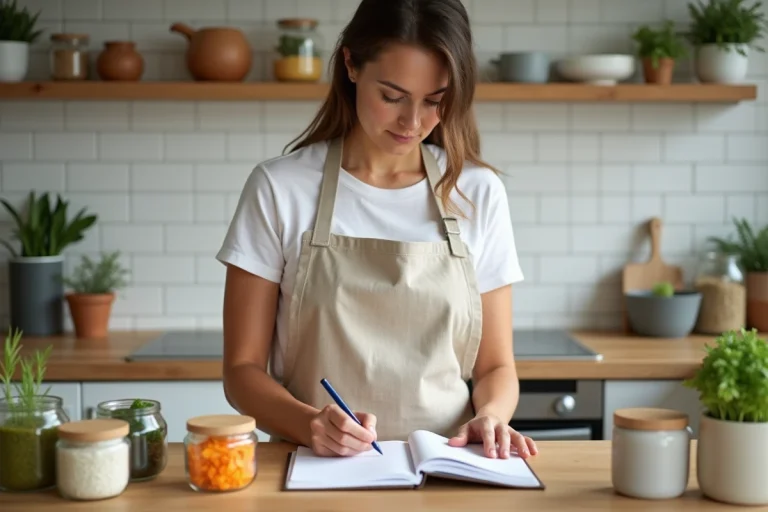Femme organisant son batch cooking light avec un planificateur de repas hebdomadaire et des légumes préparés dans une cuisine moderne