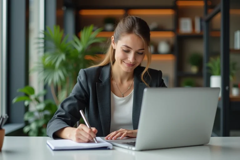 Femme concentrée au bureau en blazer moderne