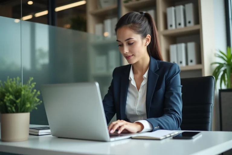 Femme professionnelle travaillant sur un ordinateur dans un bureau moderne