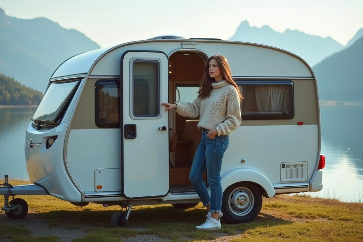 Jeune femme ouvrant une caravane au bord du lac
