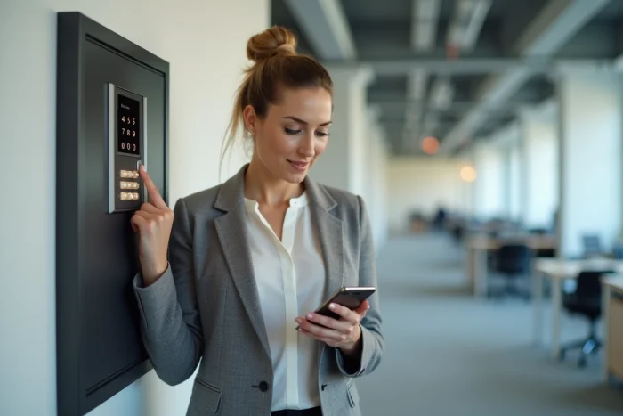 Femme professionnelle tentant de déverrouiller un coffre-fort numérique mural de type Arkevia en consultant son téléphone dans un bureau d'entreprise
