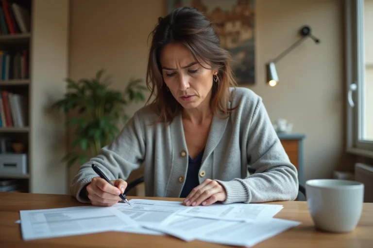 Femme consultant des documents administratifs de logement social à son domicile