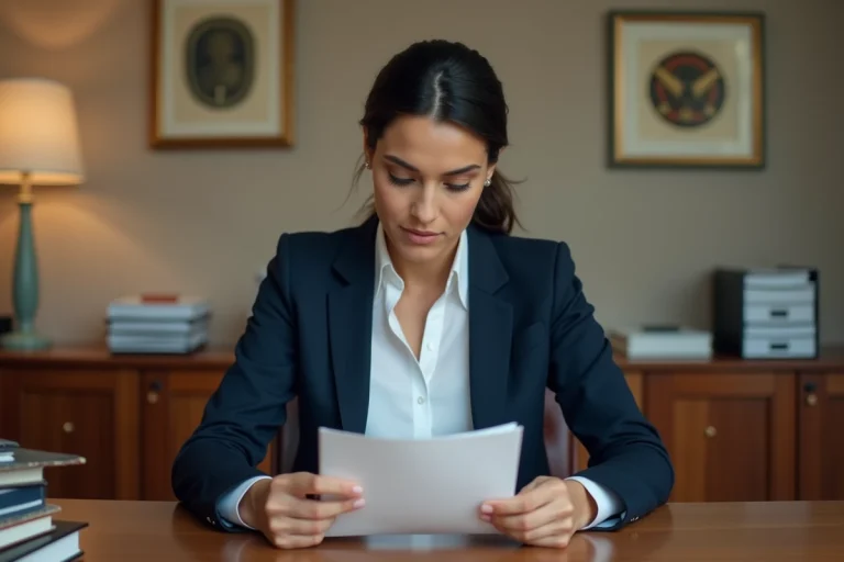Femme expatriée examinant sa carte consulaire dans un bureau de consulat moderne