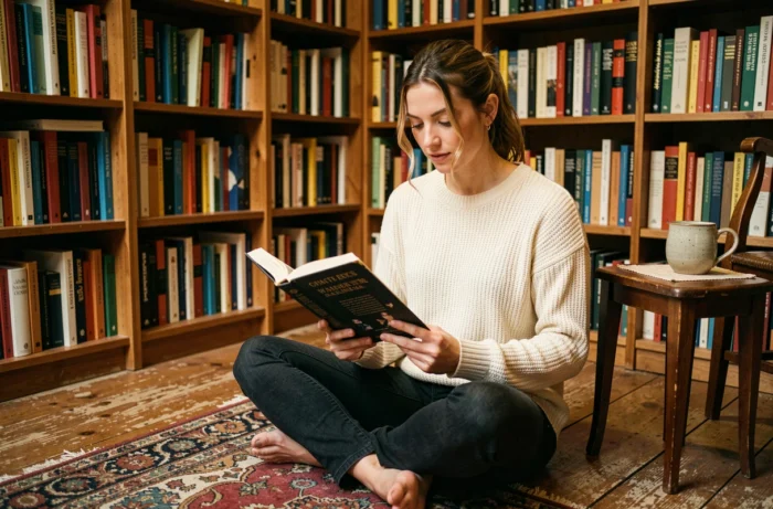 Femme lisant un livre dans une bibliothèque cosy à la maison, idée de loisir détente pour le temps libre