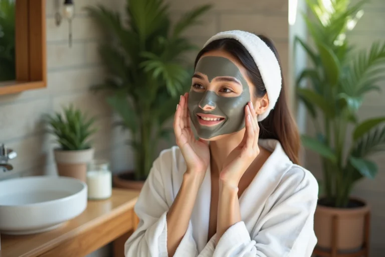 Femme appliquant un masque d'argile dans une salle de bain lumineuse