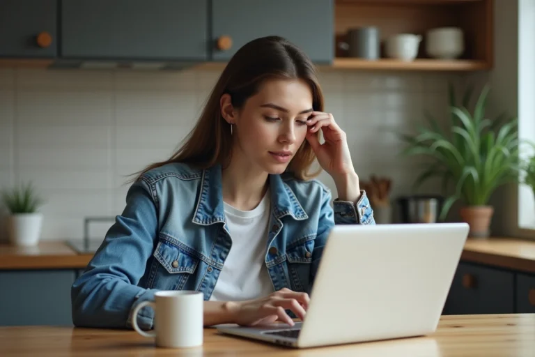 Jeune femme avec ordinateur dans une cuisine moderne