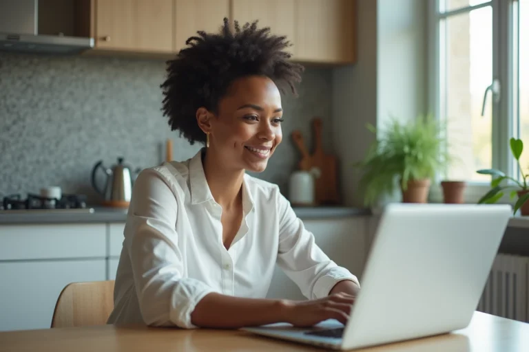 Femme d'affaires utilisant un ordinateur dans une cuisine lumineuse