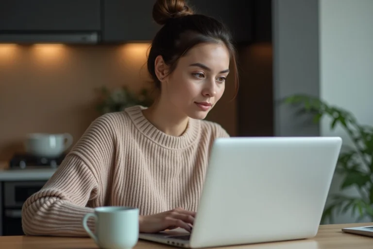 Femme assise à la cuisine avec un ordinateur portable