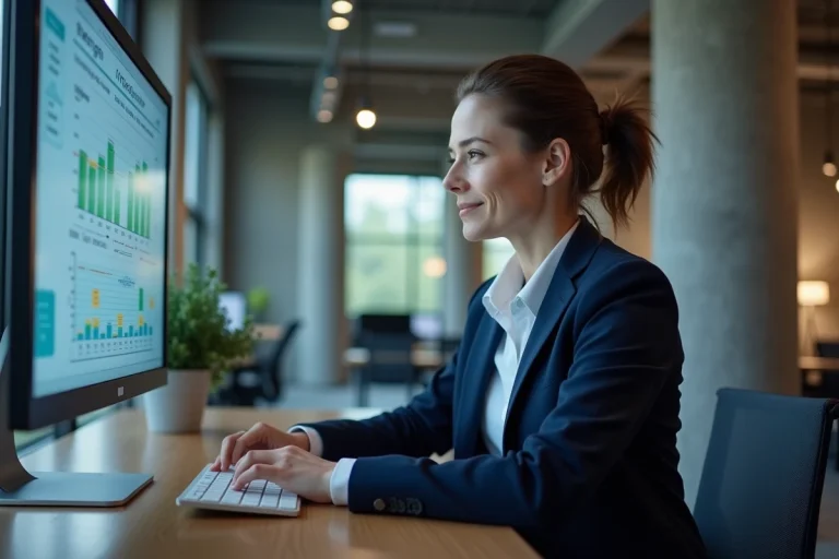Femme professionnelle utilisant la plateforme Flow3 en ligne pour gérer ses projets sur un écran de bureau dans un open space moderne