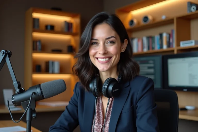 Femme dans un studio radio souriante et confiante