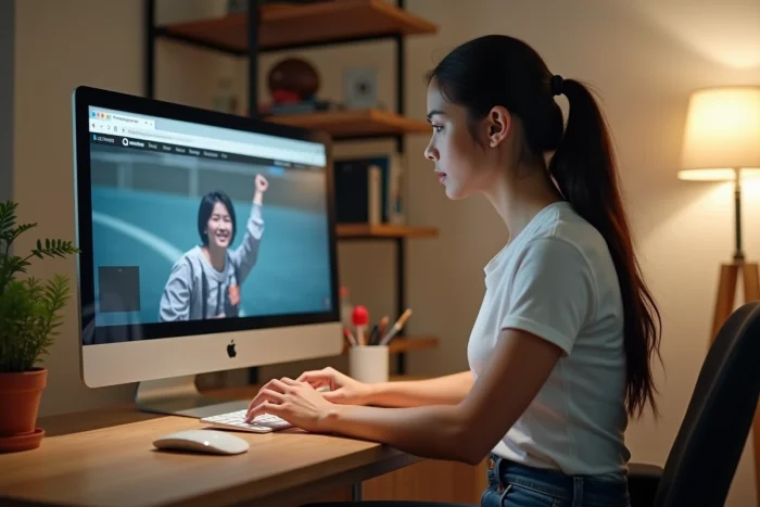 Femme tapant l'adresse d'un site de streaming sportif sur un ordinateur de bureau à domicile