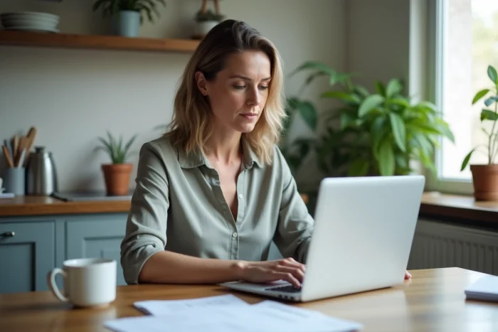 Femme d'âge moyen remplissant un formulaire en ligne dans une cuisine moderne