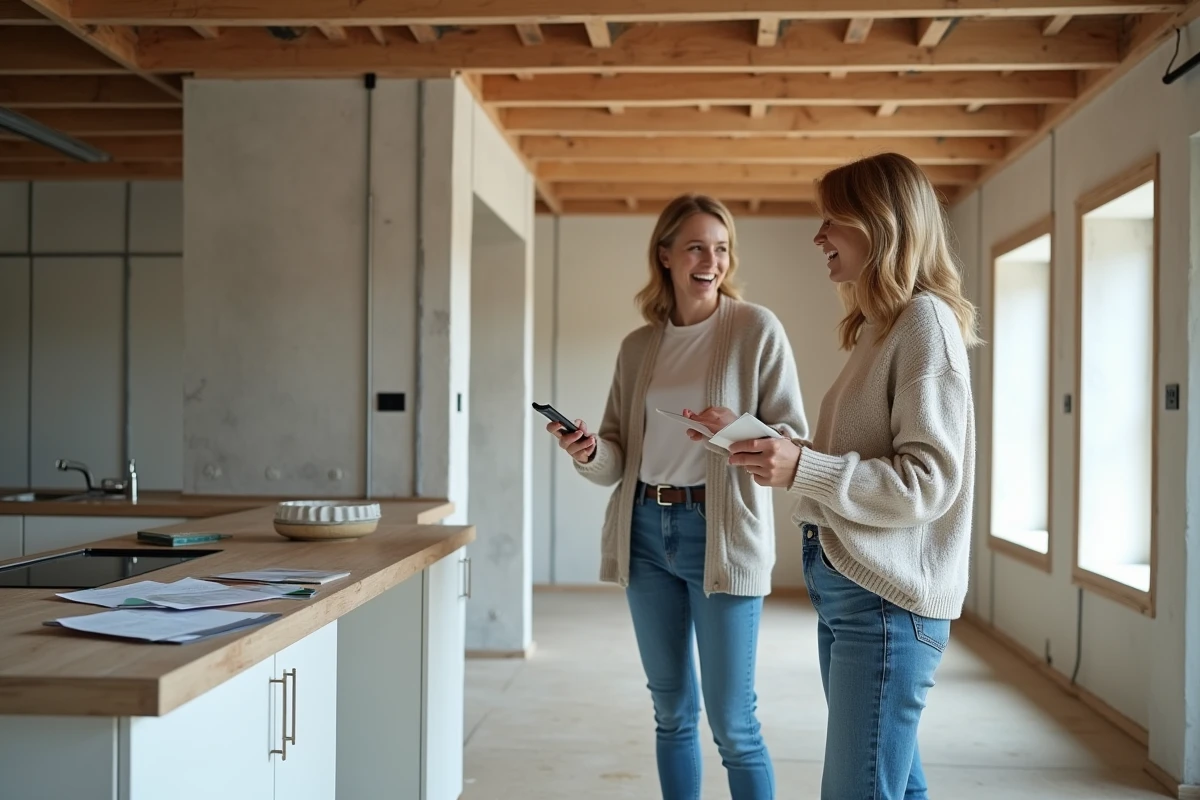 Femme discutant de renovation dans une cuisine en construction