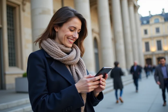 Femme souriante devant l'hôtel de ville de Rennes