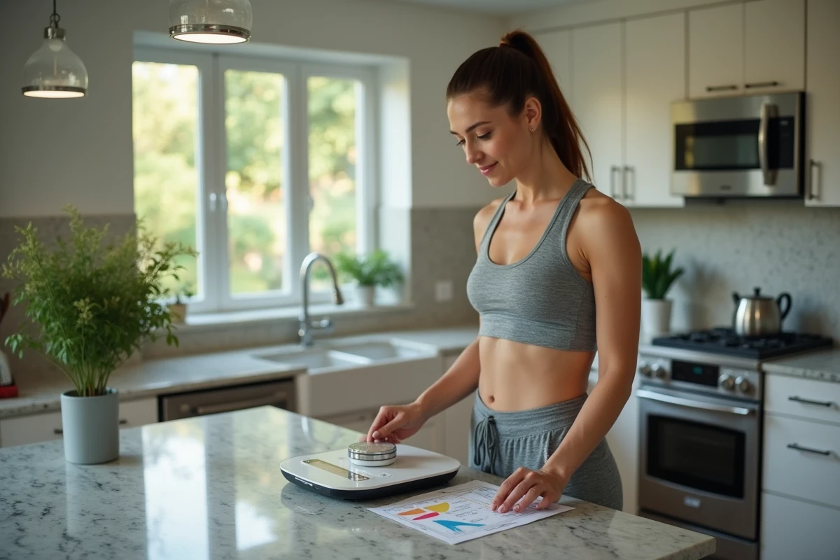 Femme en tenue de sport consultant une balance dans une cuisine moderne