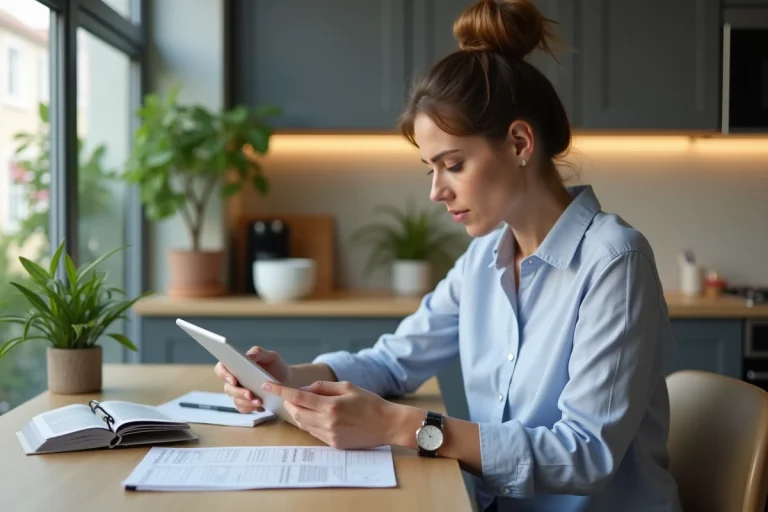 Femme étudie annonces immobilières sur tablette