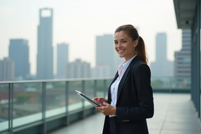 Femme confiante en rooftop urbain avec tablette