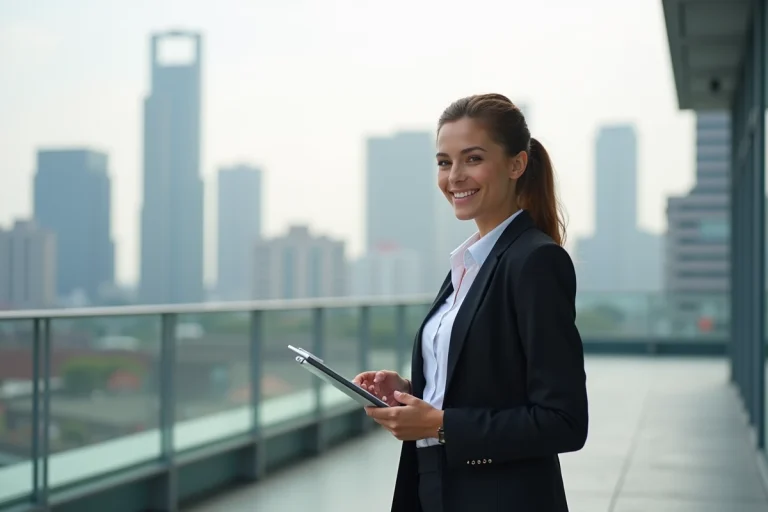 Femme confiante en rooftop urbain avec tablette