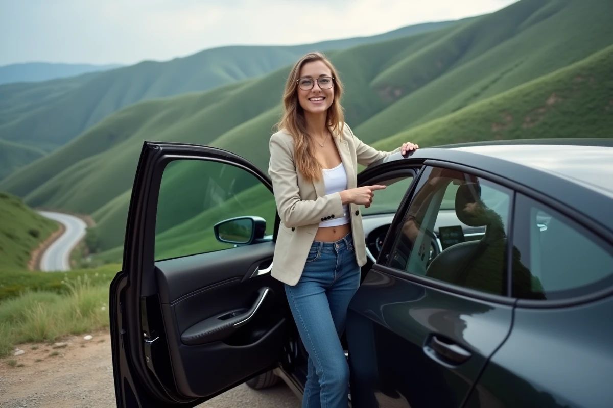 Femme pointant le levier de vitesse dans une voiture électrique