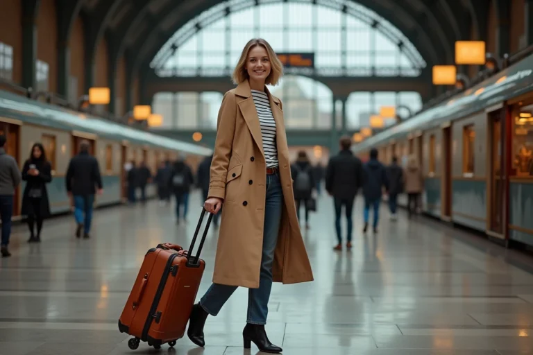 Femme élégante en trench coat camel avec une valise en cuir dans une gare européenne, style globe-trotteuse moderne