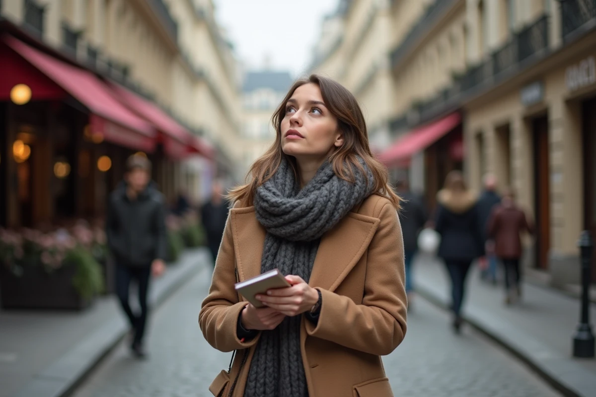 Jeune femme marche dans une rue parisienne
