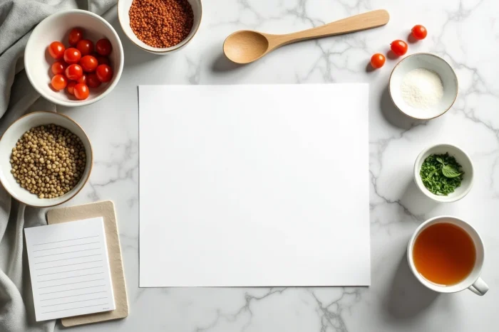 Vue de dessus d'un planning batch cooking light imprimé en PDF avec des ingrédients frais et des accessoires de cuisine sur marbre