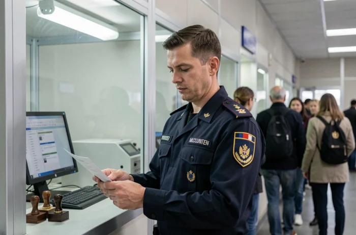 Agent des gardes-frontières européens en uniforme contrôlant des documents à un poste de passage officiel