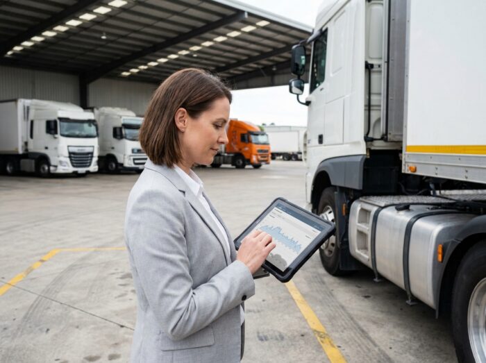 Responsable de flotte féminine consultant des données de télématique sur tablette dans un dépôt logistique avec camions en arrière-plan
