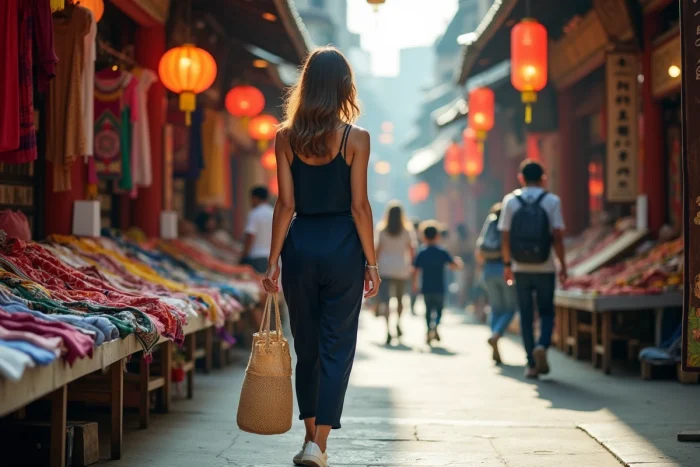 Femme voyageuse en combinaison marine explorant un marché asiatique animé avec un sac en paille tressée