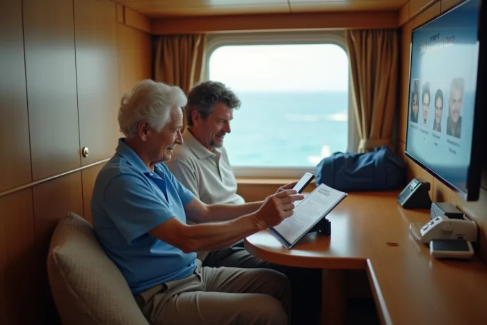 Couple consultant le guide des chaînes TV et une tablette dans une cabine de navire de croisière