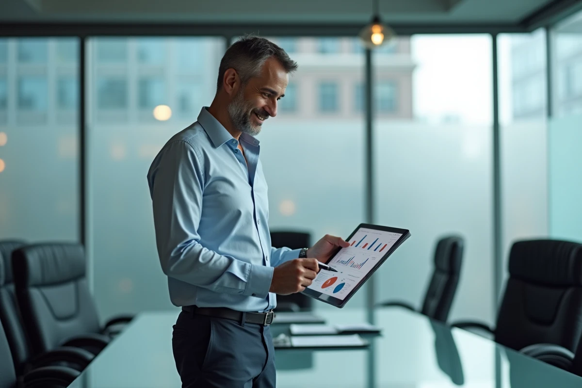 Homme d affaires en réunion analysant des documents financiers