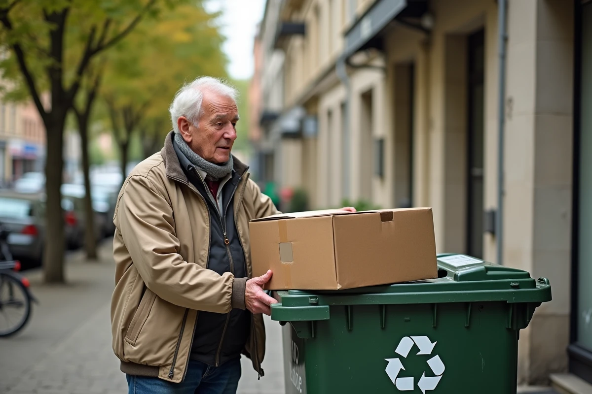 Homme âgé triant des cartons dans une rue de Nantes
