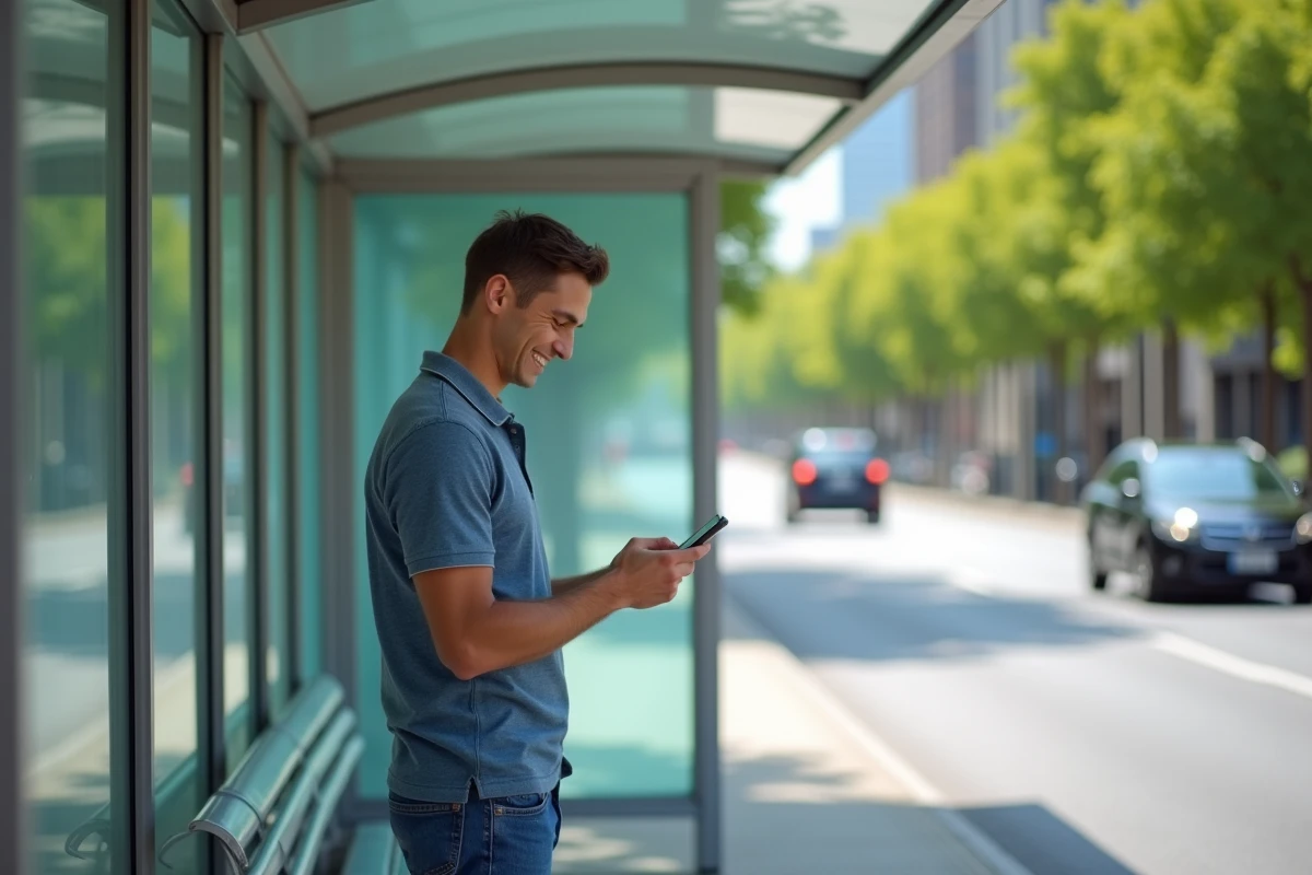 Homme souriant vérifiant son smartphone à un arrêt de bus urbain
