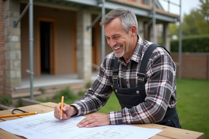 Homme en overalls examinant des plans de construction