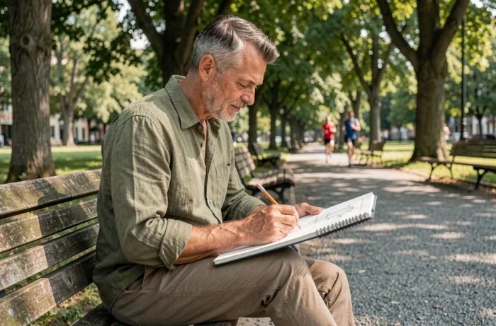 Homme qui dessine dans un carnet dans un parc urbain, activité de loisir créatif en plein air