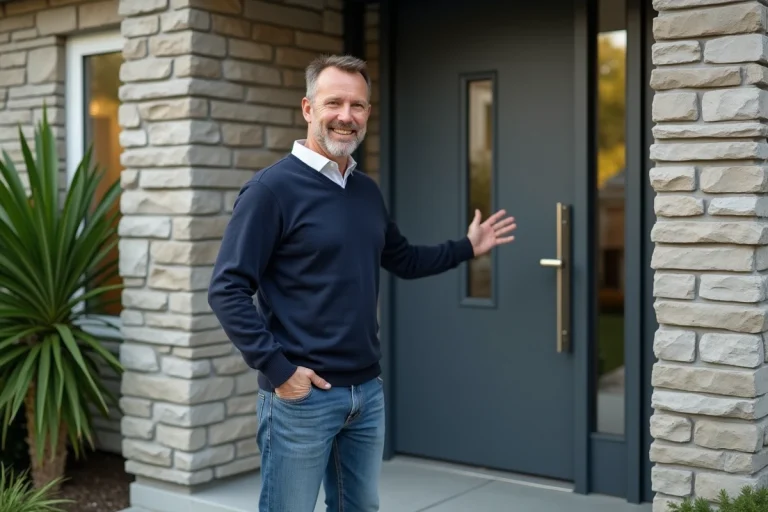Homme debout à côté d'une porte moderne en aluminium