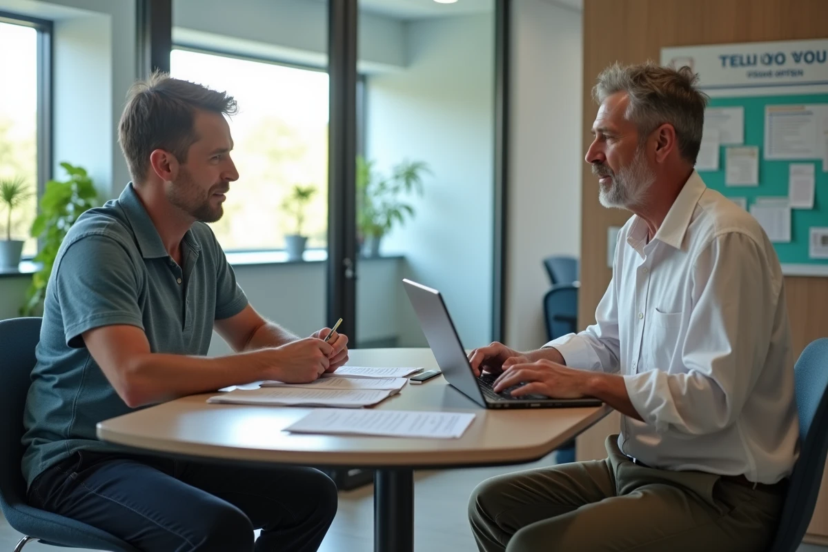 Homme et assistante sociale discutent de l