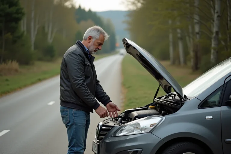 Homme inquiet inspectant le moteur d'une voiture en campagne