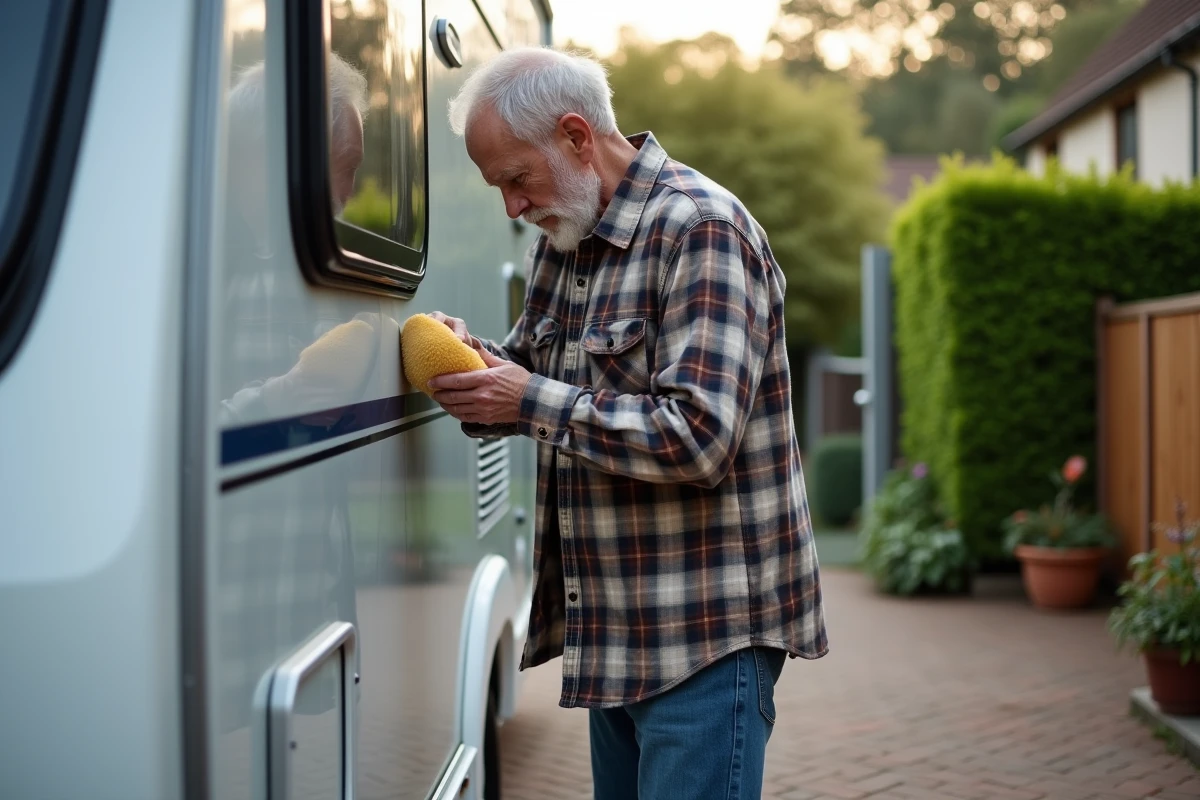 Homme âgé nettoyant les joints de sa caravane moderne