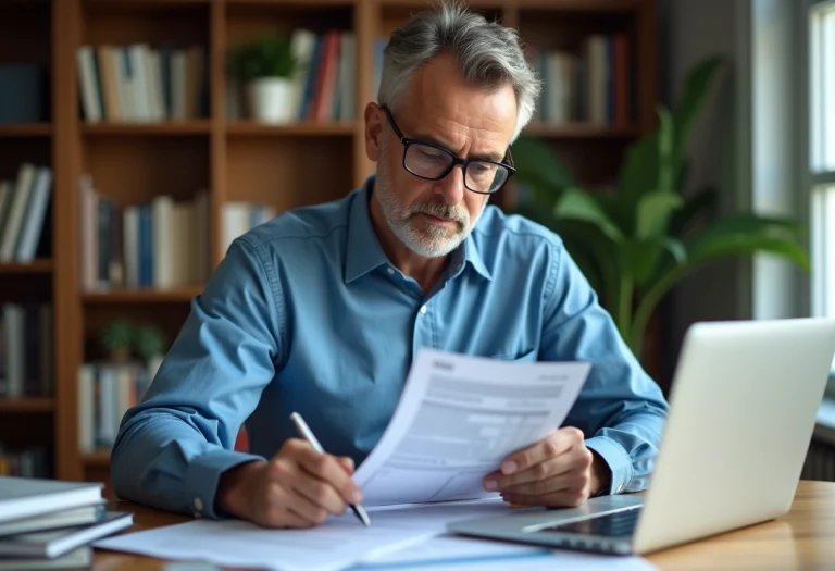 Homme d'âge moyen vérifiant un formulaire d'impôts à son bureau
