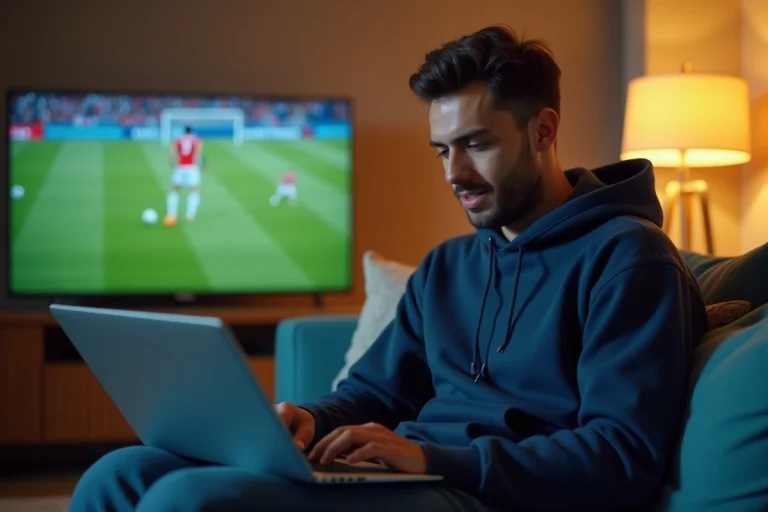 Homme cherchant l'adresse de Streamonsport sur son ordinateur portable dans un salon moderne