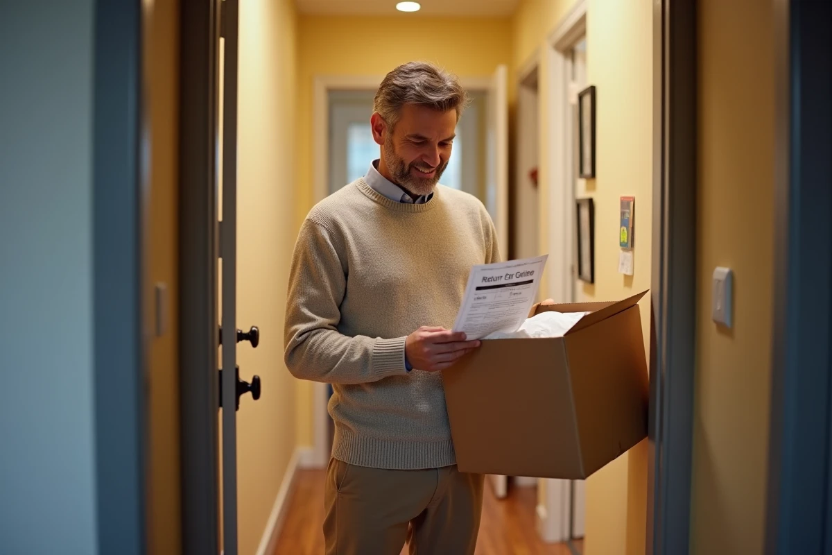 Homme vérifiant un colis de vêtements à la porte