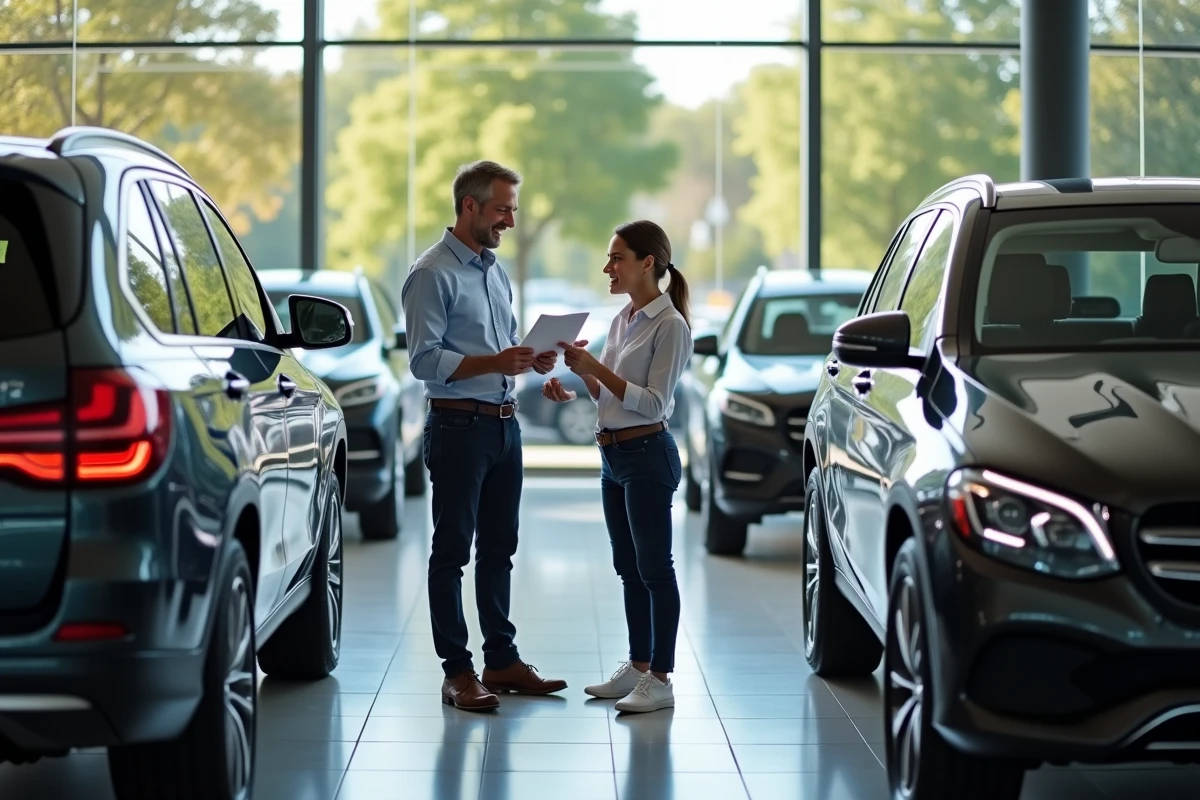 Homme d affaires dans un showroom avec SUV familial