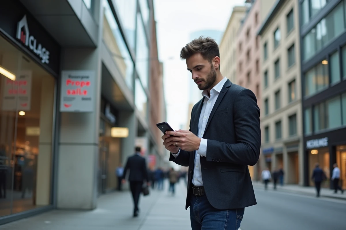 Jeune homme consulte application immobiliere en ville
