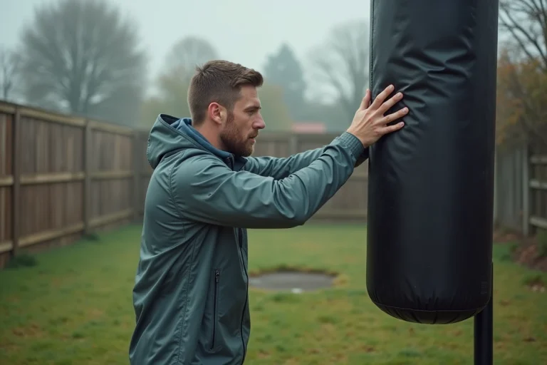 Homme en plein entraînement avec sac de frappe extérieur